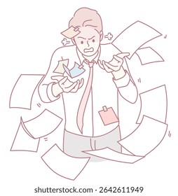 Um profissional frustrado está lutando com uma enorme quantidade de papelada e inúmeras responsabilidades