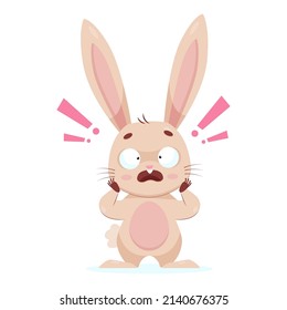 Frustrated rabbit with open mouth cartoon vector illustration. Confused bunny with exclamation marks above it holding its head with paws. Wildlife animal, emotion concept