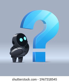 frustrated robot cyborg standing near question mark help support service FAQ problem artificial intelligence