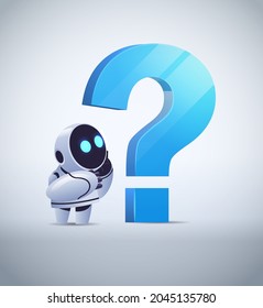 frustrated robot cyborg standing near question mark help support service FAQ problem artificial intelligence