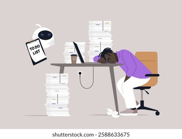 A frustrated robot hovers over a tired worker, surrounded by towering piles of documents, The employee rests head on desk, overwhelmed by the tasks outlined on a clipboard