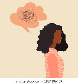 Frustrated sad African woman with nervous problem feel anxiety and confusion of thoughts. Young black woman in a state of depression, confused situation with Mental disorder and chaos. Speech bubble.