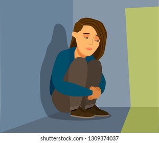 Frustrated sad child in stress sitting and crying in an empty dark room. Vector illustration in cartoon style.