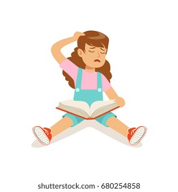 Frustrated sad girl character sitting on the floor with an open book vector Illustration