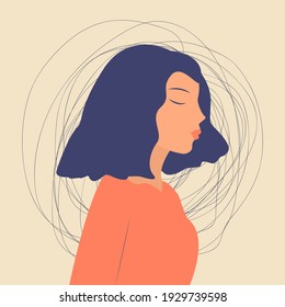 Frustrated sad Young cute woman with a tangle of thoughts in a state of depression, confused situation with Mental disorder and chaos. Girl with nervous problem feel anxiety and confusion. Vector.