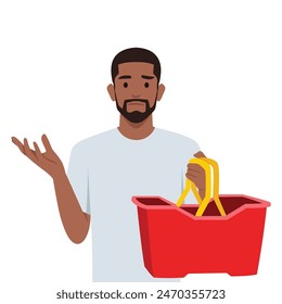 Frustrated and scared man cannot buy food in store. Character with empty shopping basket. Flat vector illustration isolated on white background