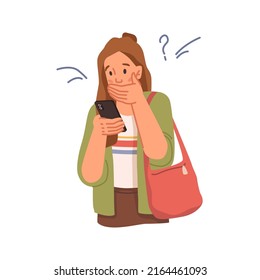 Frustrated and shocked woman reading bad news in smartphone holding cell in hands. Stress and problems, troubles and crisis situation or breakup. Flat cartoon character, vector illustration