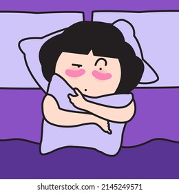 Frustrated Sleepy Lazy Woman Covered Her Body With Pillow While Lying In Bed Concept Card Character illustration