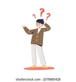 Frustrated small boy with question marks need answers and general knowledge, school study and education. Curious children concept. Cartoon flat vector illustration