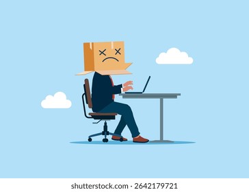 Frustrated software engineer n covered with cardboard box over his head with unhappy sad face. Technology failure, anxiety or stressed from work. Closed alone. Stress abuse phobia. Vector.