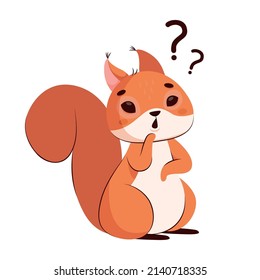 Frustrated squirrel with question marks on white background. Pensive wildlife animal with big tail thinking, looking for solution cartoon vector illustration. Rodent concept