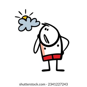 Frustrated stickman looks at the sun in the sky and waits for rain in swimming trunks. Vector illustration of bad weather and spoiled beach holidays. Funny person isolated on white background.