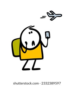 Frustrated stickman missed his flight to the plane, holds a ticket and looks at the sky. Vector illustration of an airport travel problem. Cartoon stick man character isolated on white background. 