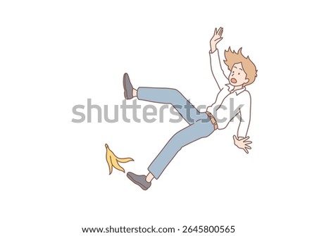 Frustrated stressed woman falling down with banana shelf at her foot suddenly falling. Accident and slippery floor concept. Hand drawn style vector design illustrations.
