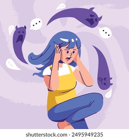 Frustrated and stressed woman illustration, in terror and anxious spiralling with depression