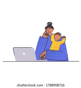 Frustrated and stressed woman with  kid and  notebook. Psychological problems, depression, fatigue, bad mood. Burnout concept in flat style vector illustration. Small children in the family. Busy mom