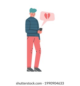 Frustrated Teenage Boy Having Break up Message, Depressed Male Person Having Relationship Problems Cartoon Vector Illustration