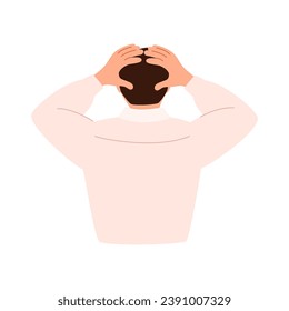 Frustrated, tense man holding his head. View from the back. Headache, migraine, stressful work, tired. Vector illustration.