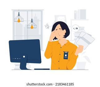 Frustrated, tired business woman after work, touching head, feeling absolutely stress and exhausted because of overwork, Deadline, Tiredness concept illustration