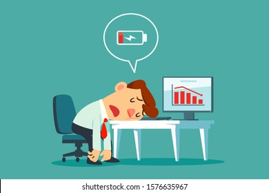 Frustrated and tired businessman laid his head on office desk with low battery icon. Business stress and frustration concept.