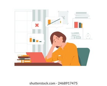 Frustrated, tired businesswoman after work, touching her head feeling absolutely stress and exhausted because of overwork, deadline, tiredness concept illustration