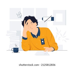 Frustrated tired male employee after work  touching his head, feeling absolutely stress and exhausted because of overwork, Deadline, Tiredness concept illustration