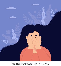 Frustrated unhappy lonely woman with nervous problem. Vector flat illustration. Girl with flying long hair covered her face with her hands. Concept of depression and mental health.