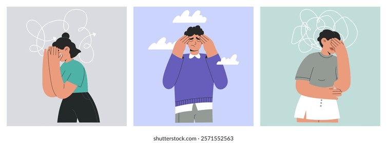 Frustrated, unhappy people set. Tangled thoughts, mental disorders and OCD concept. Depressed young characters suffering from ADHD, anxiety, headache. Flat vector illustrations isolated background