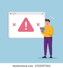 Un usuario frustrado con una tableta ve una Grande alerta de fallo del sistema, una ventana emergente con un signo de advertencia, que indica un problema técnico o error.