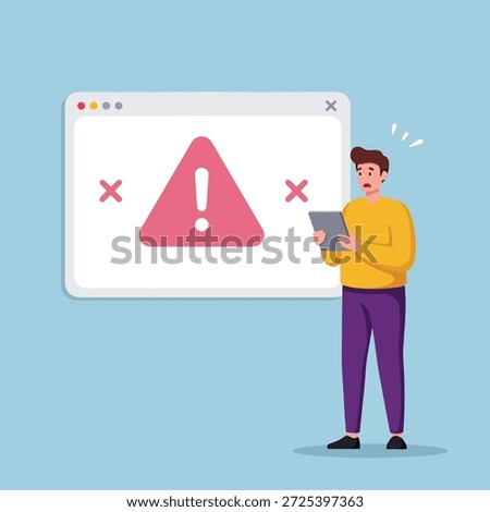 A frustrated user with a tablet sees a large system failure alert, a pop-up window with a warning sign, indicating a technical problem or error.