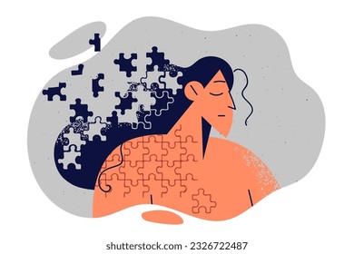 Frustrated woman with body and hair made of flying puzzles symbolizes depression and personality-destroying stress. Frustrated girl needs help of psychologist to solve mental problems