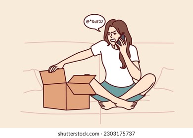 Frustrated woman with box and phone makes call to store support team complaining about damaged product. Nervous girl with box reports negative shopping experience after ordering delivery