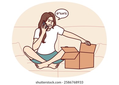 Frustrated woman with box and phone makes call to store support team complaining about damaged product. Nervous girl with box reports negative shopping experience after ordering delivery