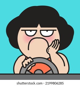 Frustrated Woman In Car Stuck In Traffic Jam Concept Card Character illustration