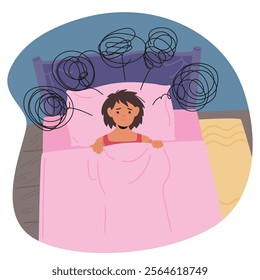 Frustrated woman cartoon character suffering from depression, anxiety and insomnia symptoms late at night scene. Tired exhausted sleepless female lying in bed with opened eyes vector illustration