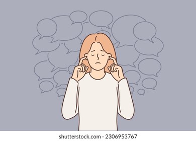 Frustrated woman does not want to hear opinions of others and closes ears. Frustrated girl standing among conversation bubbles defending herself from misinformation and fake news or propaganda