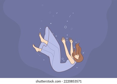 Frustrated Woman In Dress Falling Down In Water Suffer From Life Crisis. Unhappy Confused Girl Sinking Underwater Suffer From Problems. Conceptual. Vector Illustration.