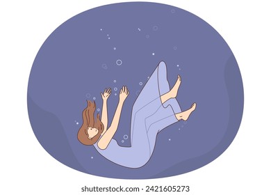 Frustrated woman in dress falling down in water suffer from life crisis. Unhappy confused girl sinking underwater suffer from problems. Conceptual. Vector illustration.