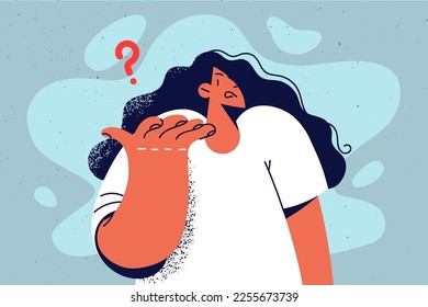 Frustrated woman feeling unsure and doubtful look for problem solution. Confused girl have doubts about idea or though. Frustration concept. Vector illustration. 