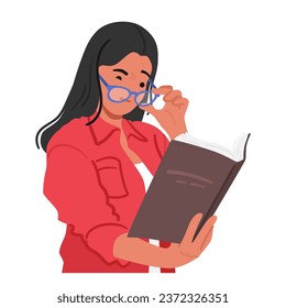 Frustrated Woman In Glasses Squints At Blurred Text, Symbolizing The Challenges Of Vision Problems. She Seeks Clarity, Highlighting The Concept Of Visual Impairment. Cartoon People Vector Illustration