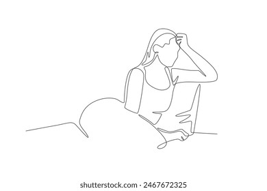 Frustrated woman having trouble sleeping while leaning back. Struggling to sleep concept one-line drawing