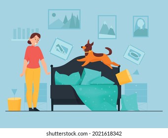 Frustrated woman and her mischievous dog jumping on bed in messy bedroom flat vector illustration