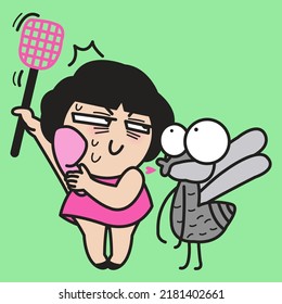 Frustrated Woman Is Hitting Or Killing Large Size Annoying Mosquitoes With A Slipper And Mosquito Bat Concept Card Character illustration