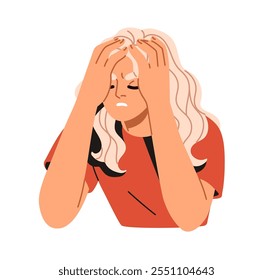 Frustrated woman holding head, overwhelmed by stress, anxiety. Anxious annoyed worried face expression. Emotional tension, frustration concept. Flat vector illustration isolated on white background