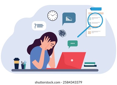 Frustrated woman at laptop struggling with deadlines, work pressure, and analytics. Concept of job stress, productivity challenges, burnout, problem-solving, multitasking, and mental fatigue.