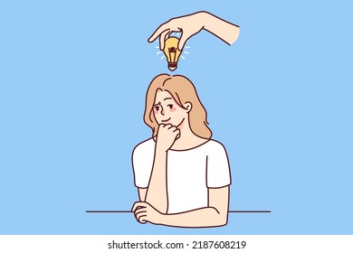 Frustrated woman with lightbulb above head thinking making solution. Consumed pensive businesswoman generate creative innovative idea. Vector illustration. 