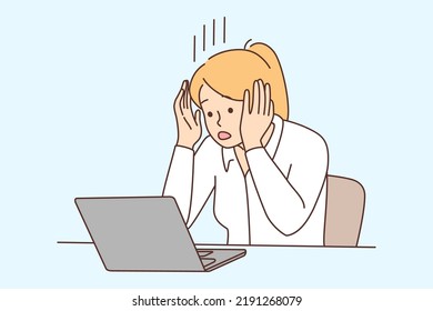 Frustrated woman look at computer screen shocked by unexpected news or message online. Confused female use laptop surprised with unbelievable notification. Vector illustration. 