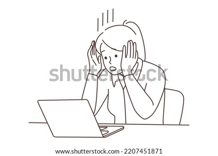 Frustrated woman look at computer screen shocked by unexpected news or message online. Confused female use laptop surprised with unbelievable notification. Vector illustration. 