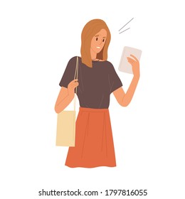 Frustrated woman looking at screen of tablet having negative emotion vector flat illustration. Female with handbag reading bad news or information isolated. Sad girl chatting or surfing internet