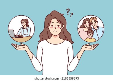 Mujer frustrada tomando decisiones entre familia y trabajo. Las mujeres confundidas y desdichadas comparan maternidad y trabajo. Concepto de dilema. Ilustración vectorial. 